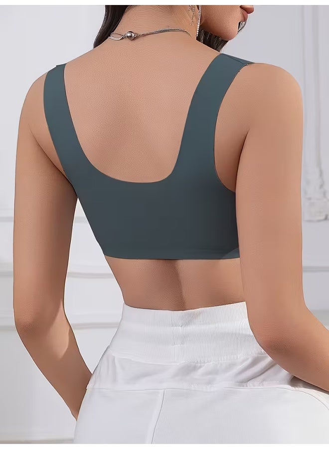 Zeemey Dark blue Women'S Solid Color Front Closure Bra with Shell Pattern Trim, Integrated Wide Strap, Non-Detachable Pads, Wire-Free Design, Everyday Bra - Image 2